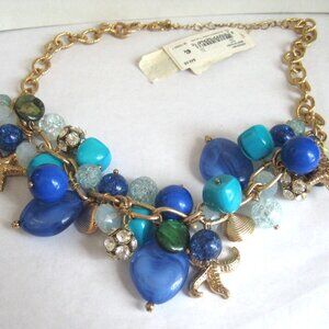 ESTATE SUMMER BLUES AND GOLD BEAD CHUNKY 16" NECKLACE w/3" EXTENSION